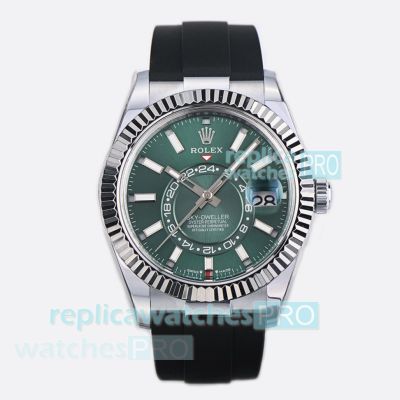 Swiss Copy ES Factory Rolex Sky-Dweller Green Dial World Timer Oysterflex Watch 